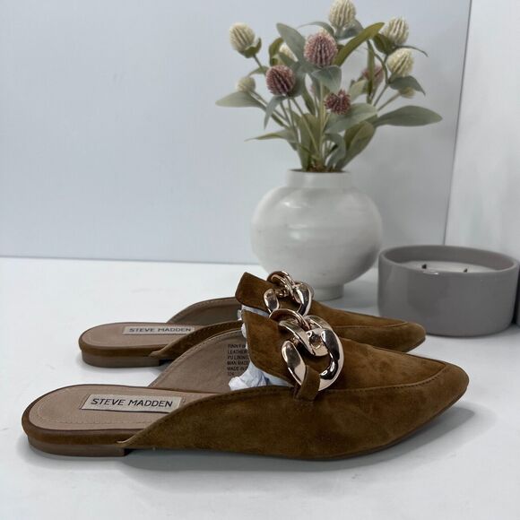 Steve Madden Finn Suede Chain Embellished Pointed Toe Mule Cognac Women's 6.5M - Picture 3 of 9